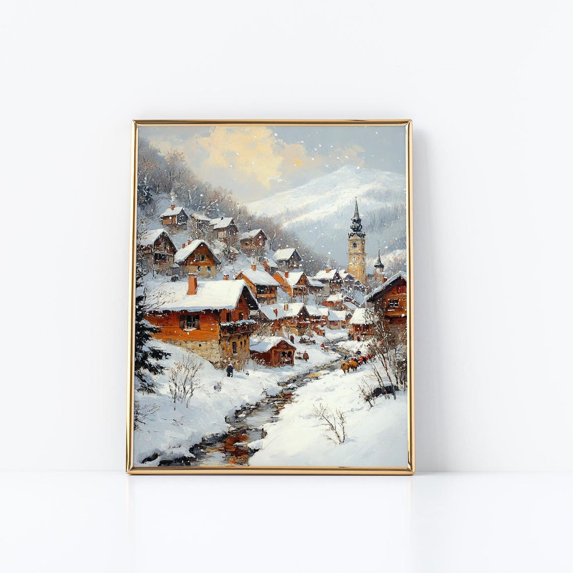 Alpine Village Snowy Winter Chalets Church Mountain Art Poster