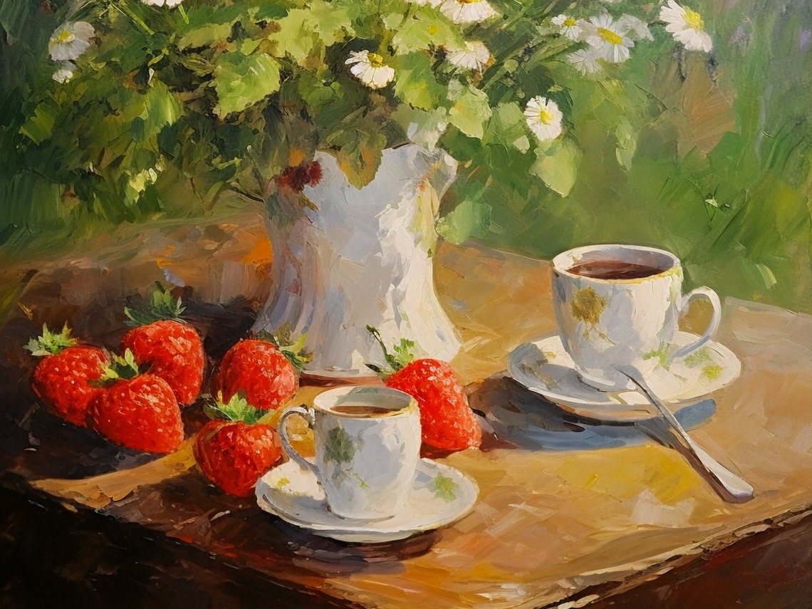 White Daisies Strawberries And Coffee Cups Still Life Oil Art Poster - Image 3