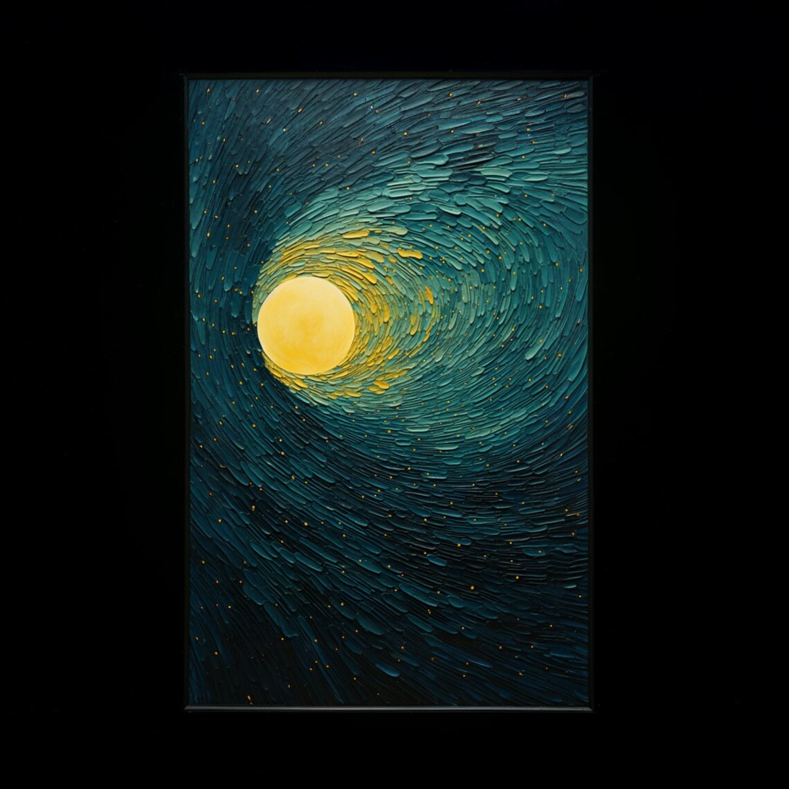 Golden Moon Over Night Water Painting Dark Teal Swirl Poster - Image 2