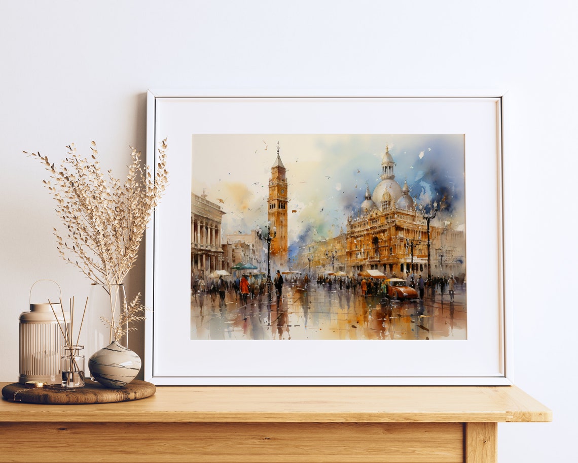 Venice St Marks Square Watercolor Rainy Canal Painting Poster