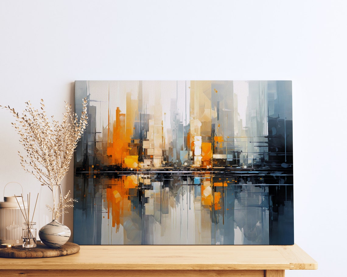 Abstract City Reflection Painting Gray Blue Orange Water Poster