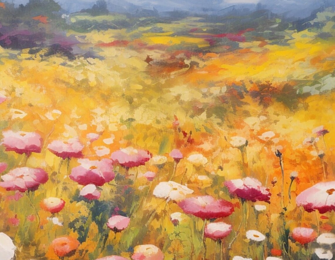 Mountain Wildflower Meadow In Pink And Gold Summer Pastoral Poster - Image 3