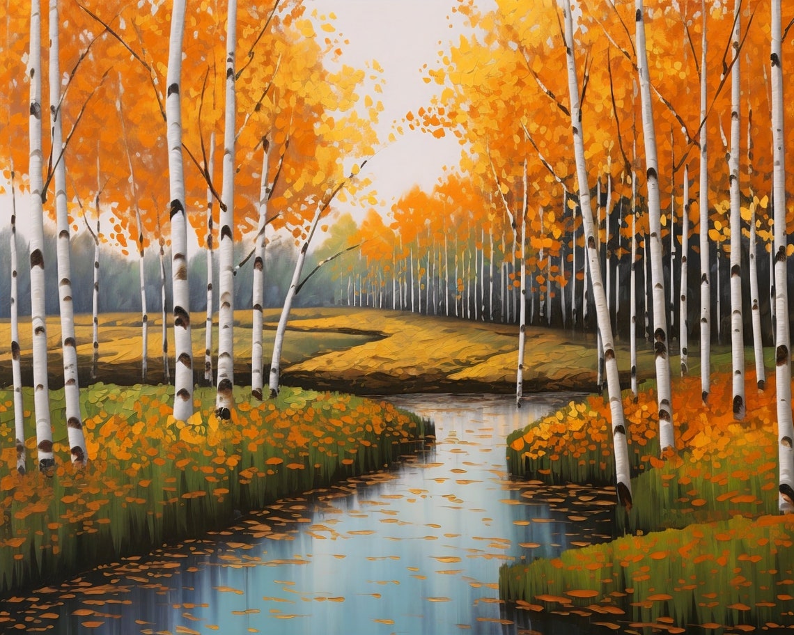 Autumn Birch Forest Stream Orange Foliage Scenic Landscape Poster - Image 3
