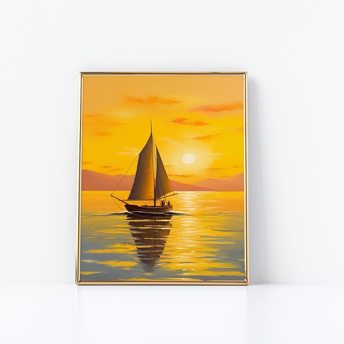 Sailboat Silhouette On Golden Sunset Ocean Seascape Painting Poster - Image 2