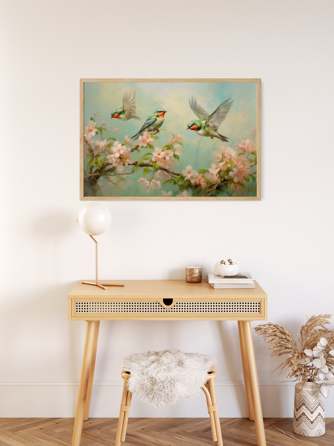 Swallows on Blossoming Branch Painting Pastel Spring Birds Poster - Image 2