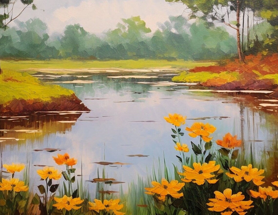 Peaceful Lakeside With Yellow Wildflowers Impressionist Art Poster - Image 3
