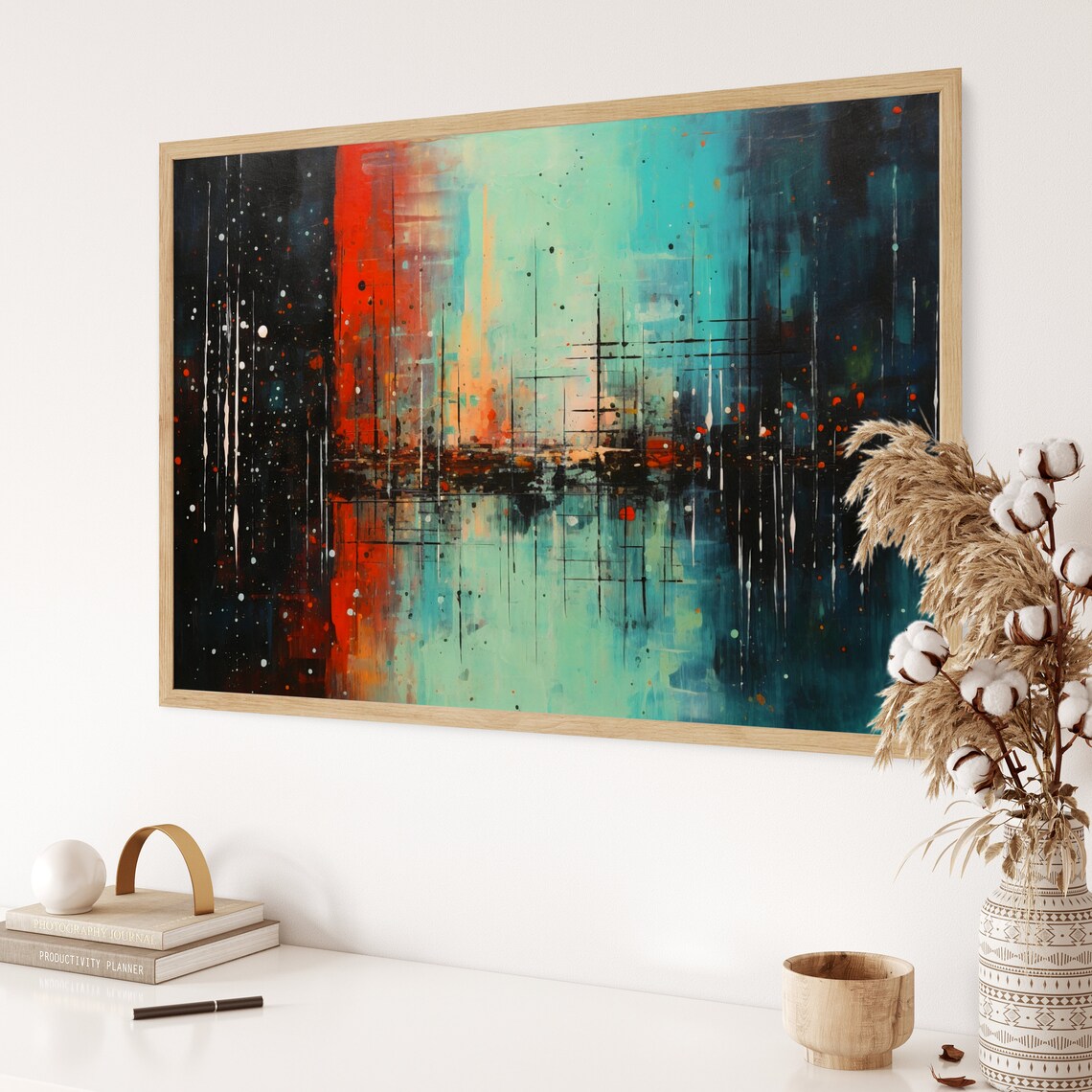 Abstract Night City Painting Teal and Red Dripping Lights Poster - Image 3