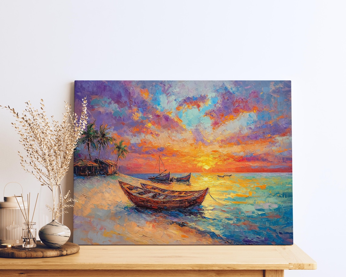 Tropical Beach Sunset Fishing Boats Vibrant Impasto Ocean Poster