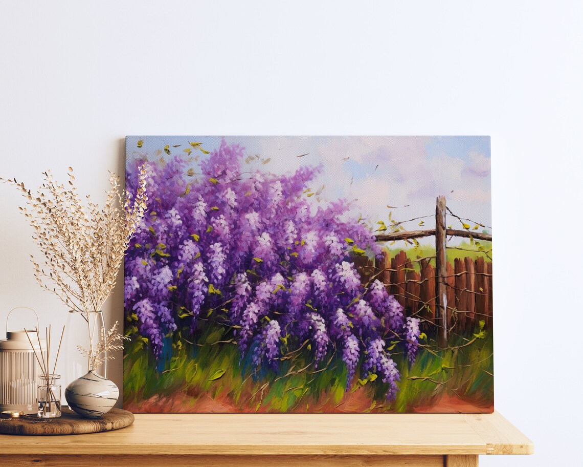 Purple Lilac Bushes Painting Wooden Fence Garden Bloom Poster