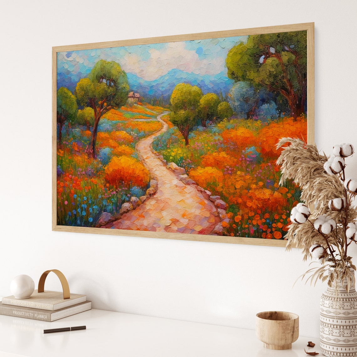 Poppy Path Rolling Hills Pointillist Orange Bloom Landscape Poster - Image 3