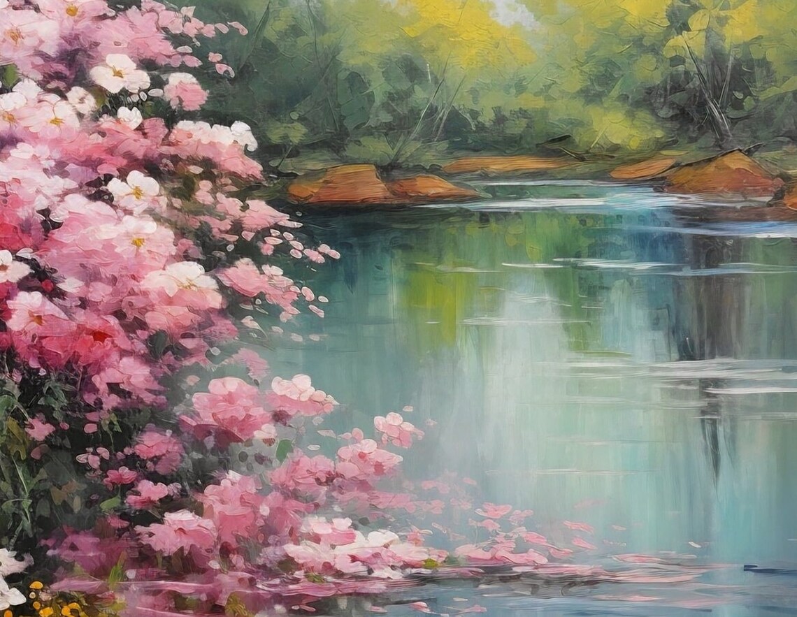 Pink Riverside Blossoms Along Quiet River Impressionist Art Poster - Image 3