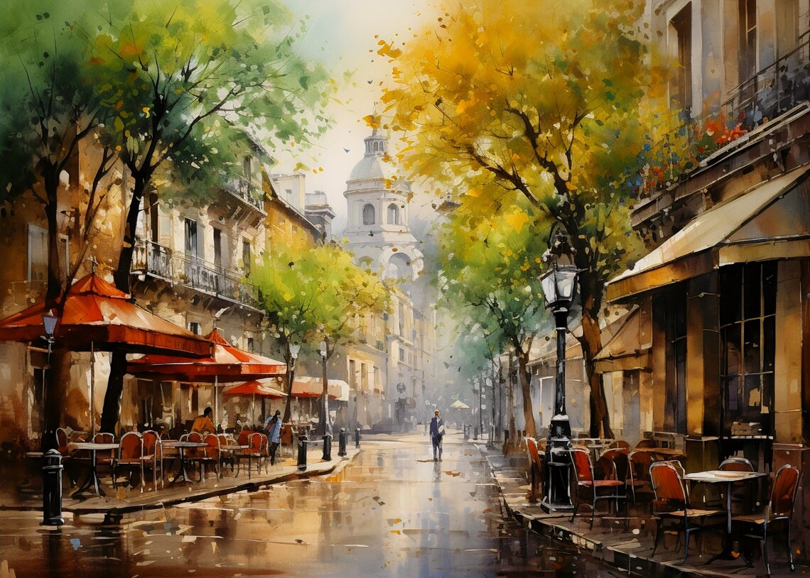 European Street Cafe Watercolor Rainy Day Umbrellas Scene Poster - Image 3
