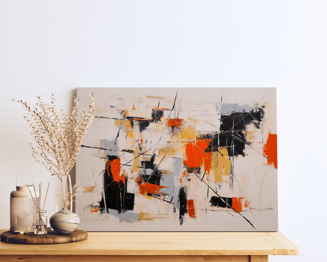 Black Orange White Geometric Abstract Modern Line Art Poster