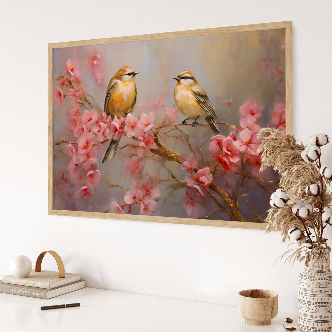 Birds And Pink Cherry Blossoms, Impressionist Elements - Image 3