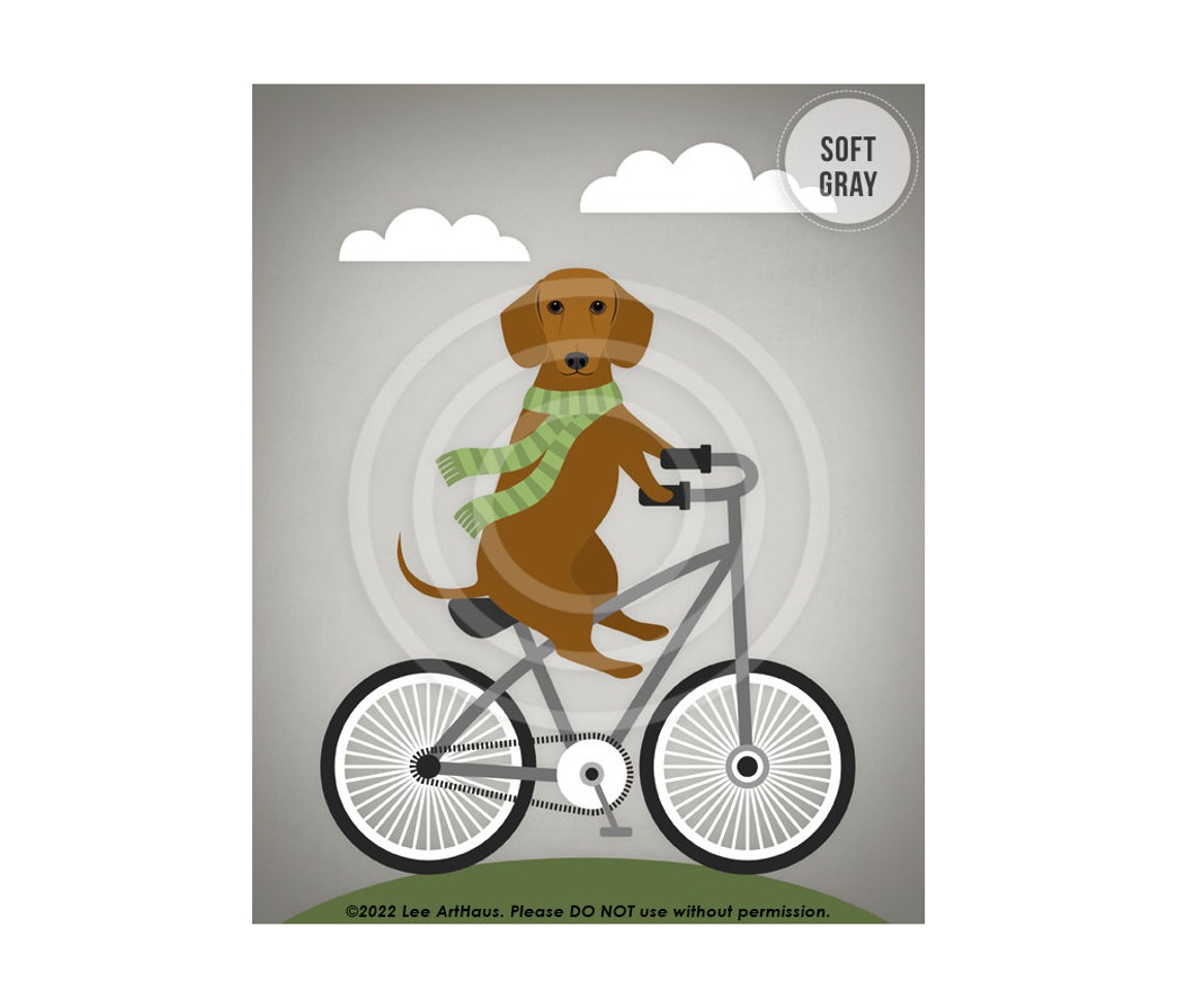 Red Dachshund Riding Bicycle With Green Scarf Cute Dog Art Poster - Image 3