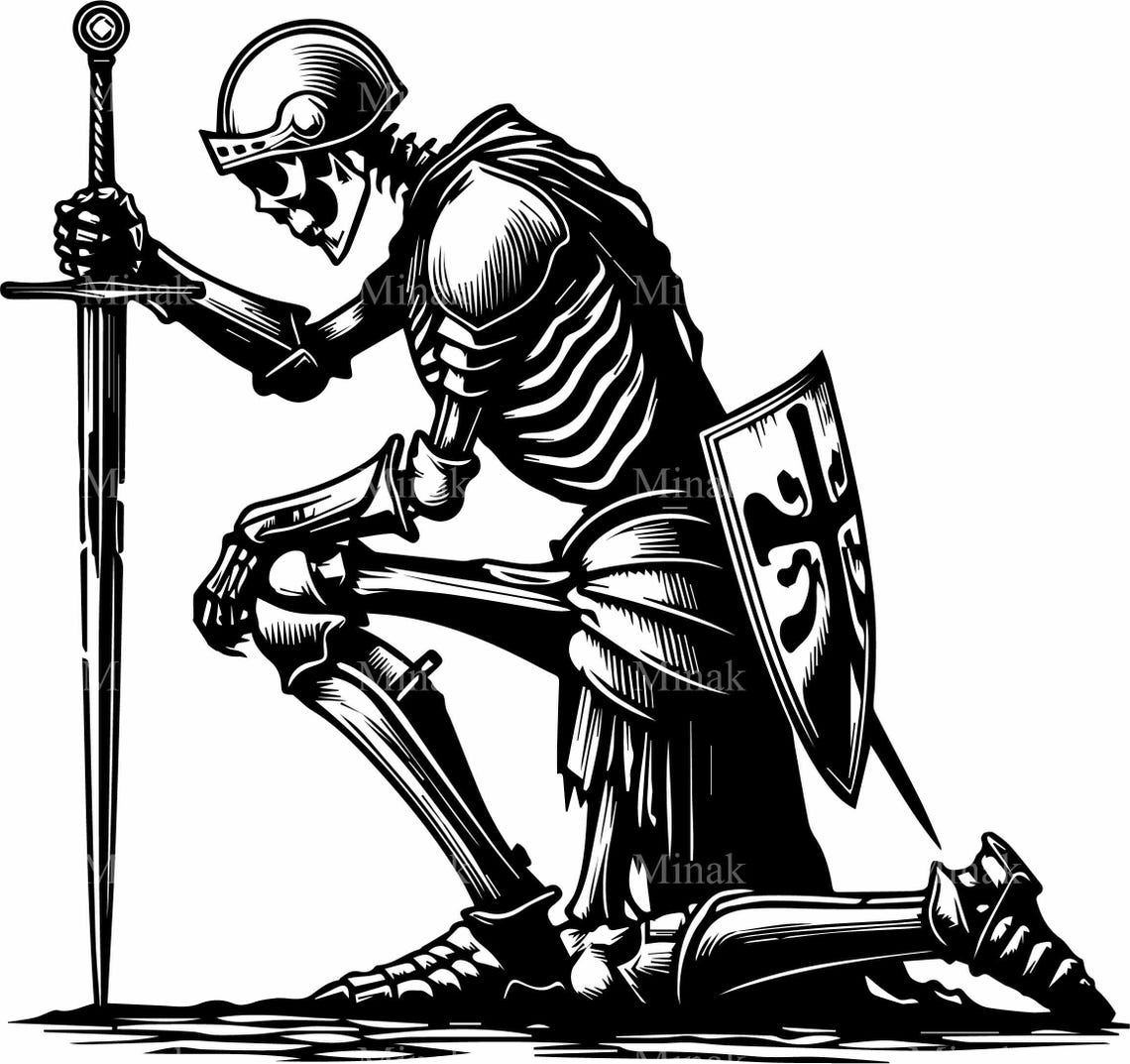 4 Kneeling Skeleton Knight Svg Undead Warrior Holding Sword Medieval Fantasy Silhouette Cut File - Image 3