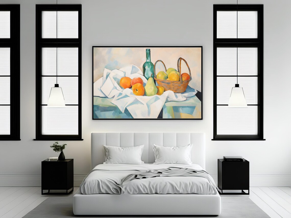 Still Life Fruit Basket and Bottle, Vintage Kitchen Decor - Image 2