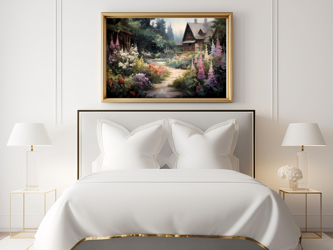 Vintage Cottage Summer Garden Rustic Landscape Art Print - Image 2