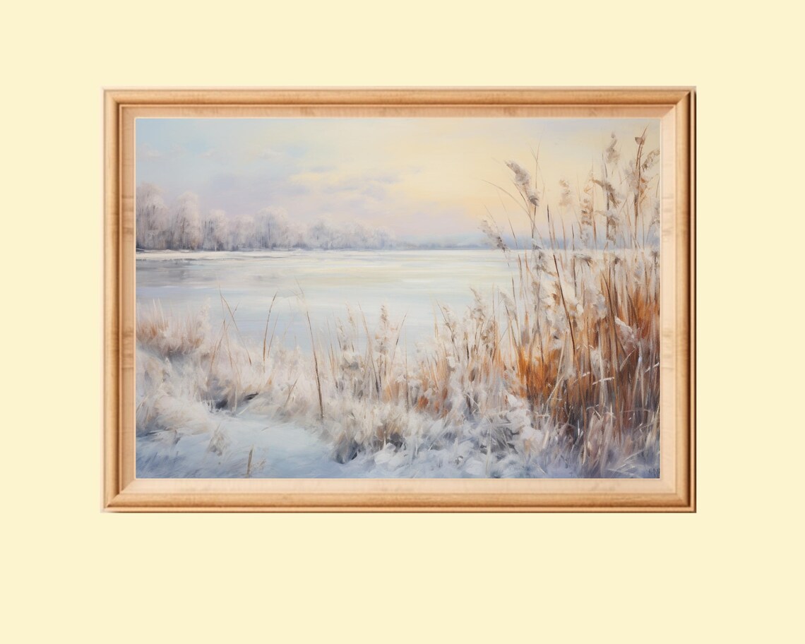 Snowy Winter Landscape, Impressionist Farmhouse Art