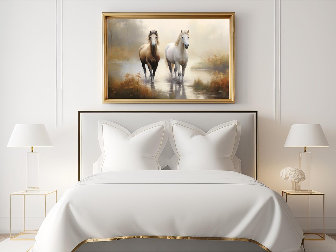 Vintage Oil Painting Of Two Horses, Foggy Morning - Image 2
