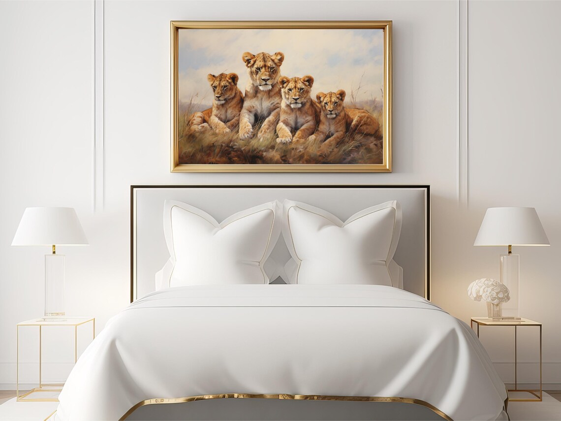 Mother Lion And Cubs Portrait, Wildlife Art Print - Image 2