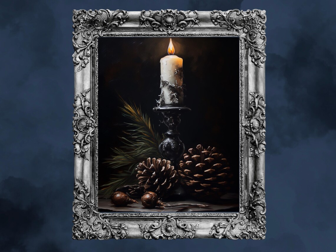 Dark Christmas Still Life Painting, Moody Winter Decor - Image 2
