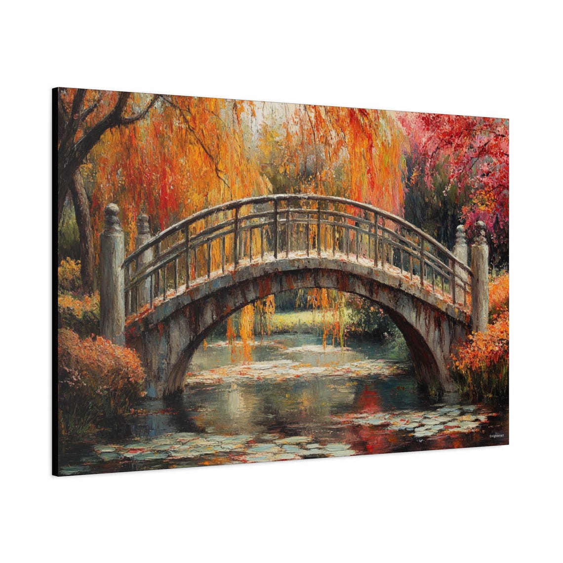Autumn Willow Stone Arch Bridge Over Lily Pond Garden Art Poster