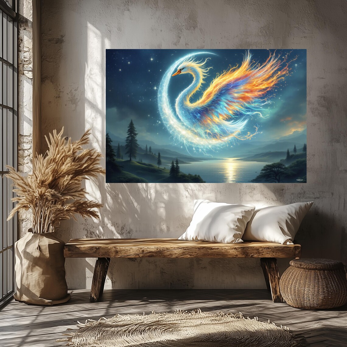 Cosmic Swan Fiery Wings Moonlit Forest Lake Fantasy Art Poster