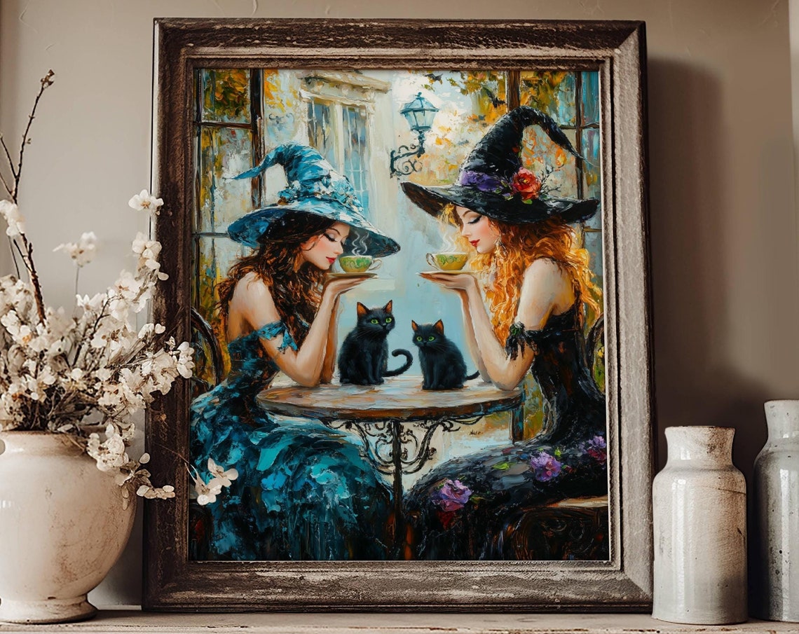 Two Witches Sharing Tea With Black Cats at a Sunlit Cafe Poster