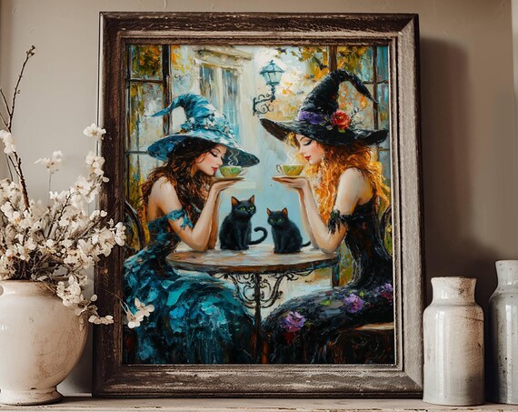 Two Witches Sharing Tea With Black Cats at a Sunlit Cafe Poster