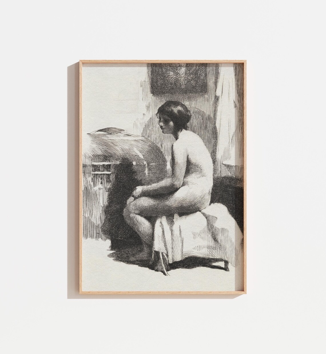 Antique Nude Woman Seated Sketch Black And White Figure Drawing Print