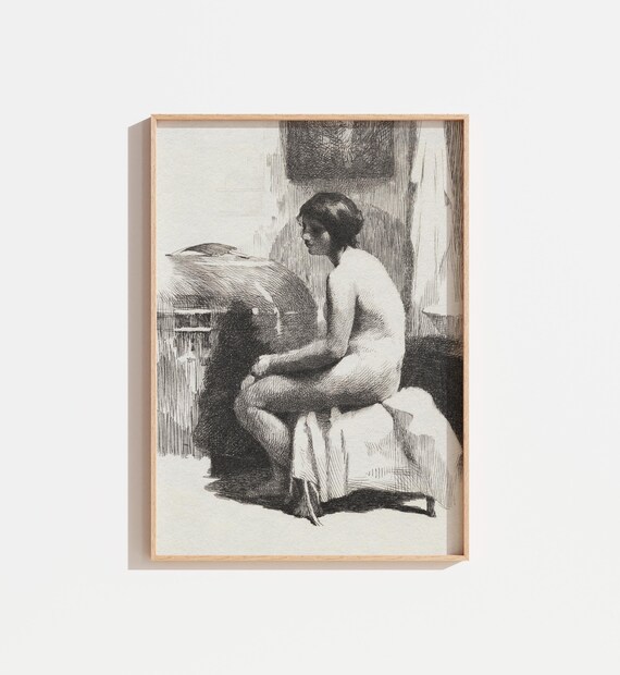 Antique Nude Woman Seated Sketch Black And White Figure Drawing Print