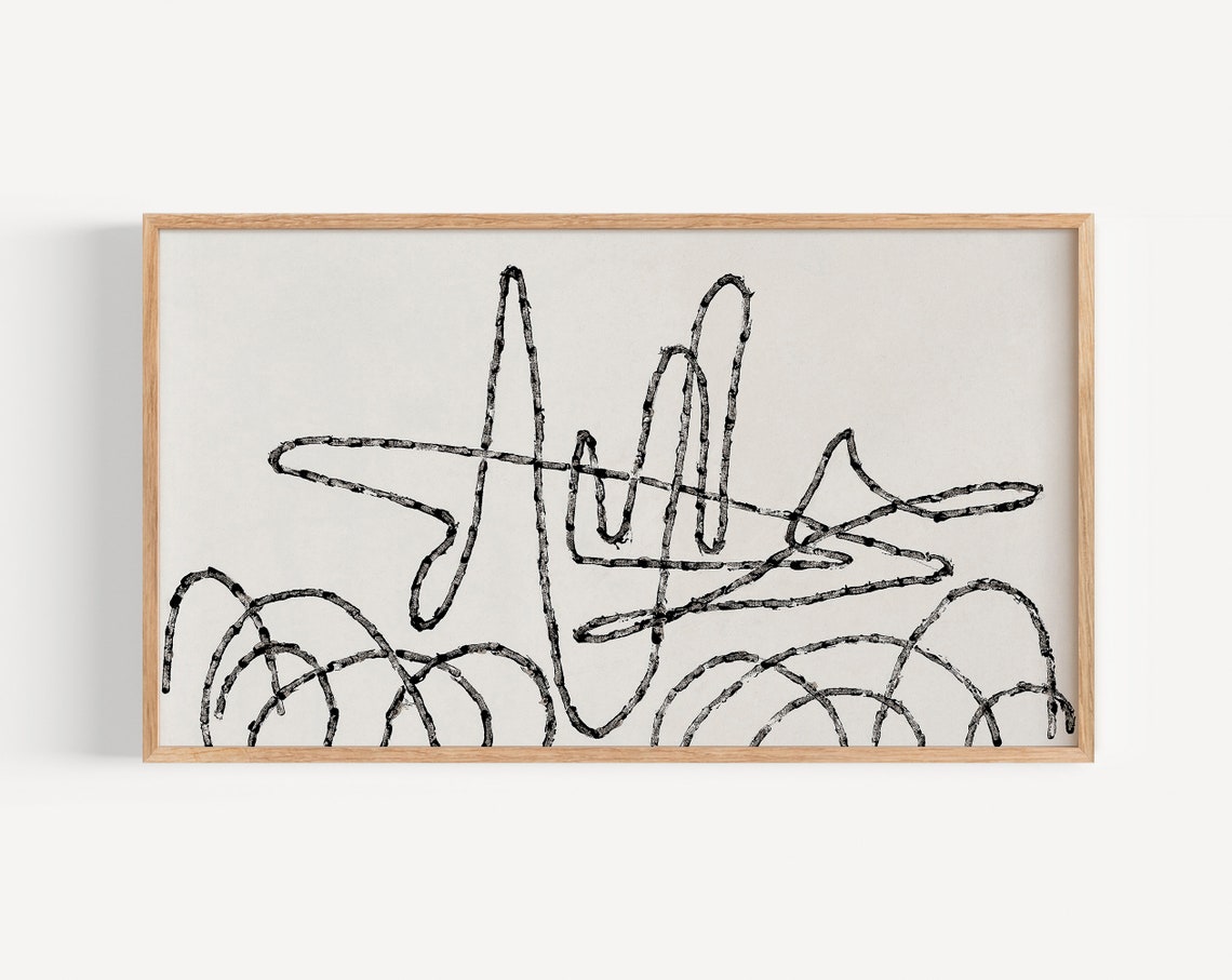 Abstract Black Line Drawing Minimalist Scribble Art Beige Wall Art