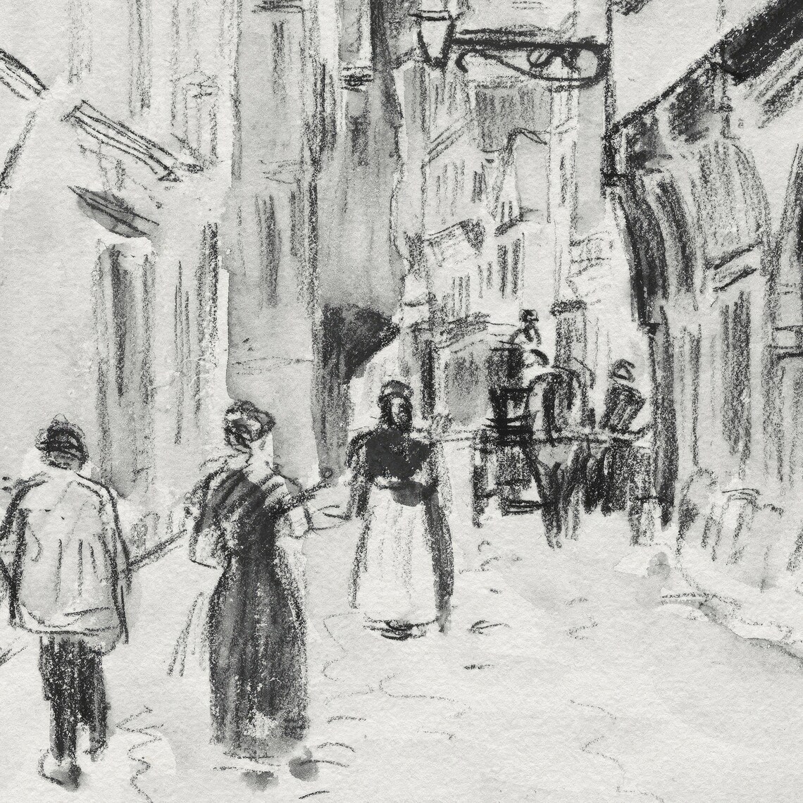 Vintage Black Ink Old Town Street Sketch Church Tower Wall Art - Image 2