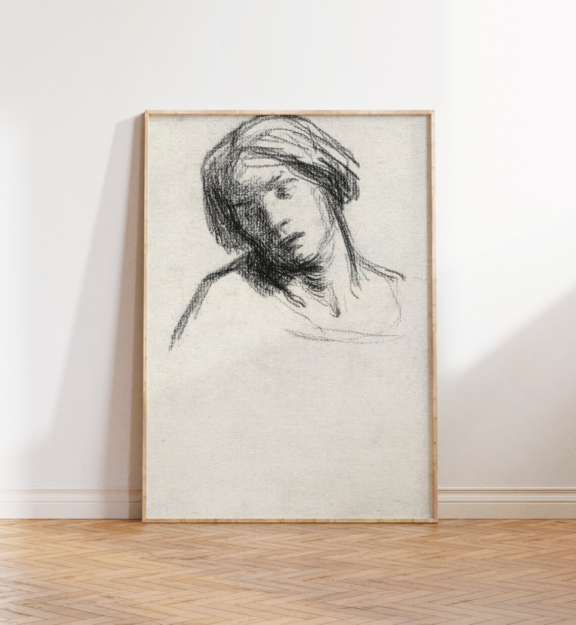 Vintage Black White Sketch Woman Head Drawing Antique Portrait Wall Art - Image 5