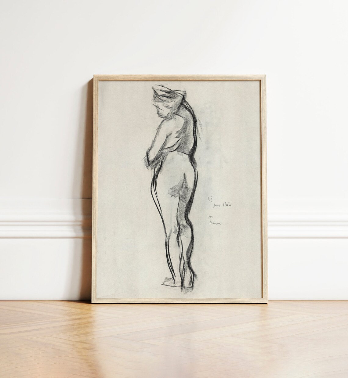 Vintage Nude Charcoal Standing Figure Sketch Minimalist Antique Wall Art - Image 4