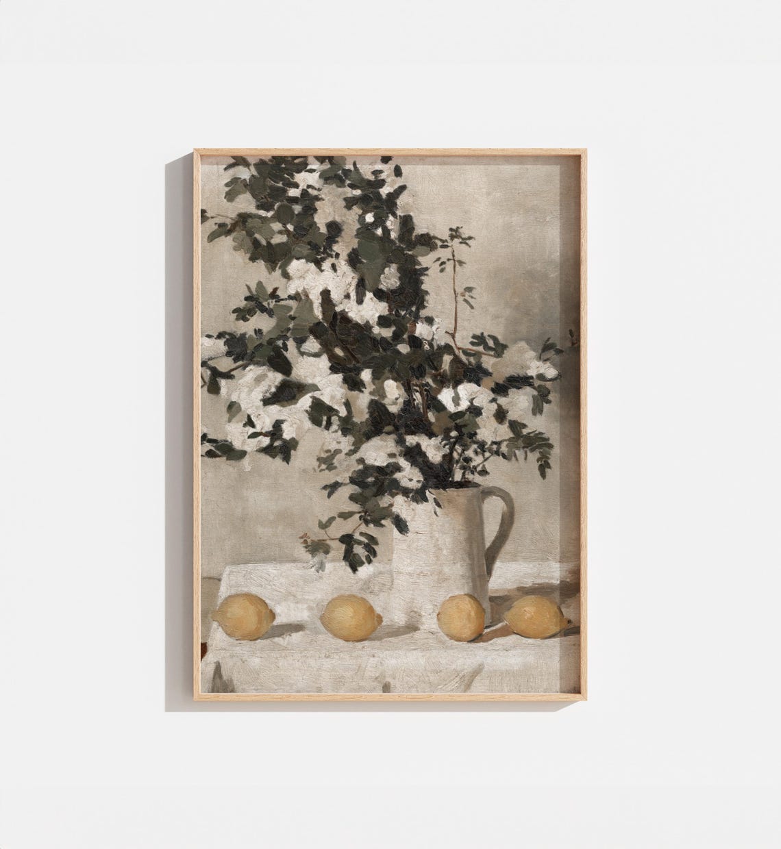 Vintage Still Life Painting Lemons White Pitcher Blossoms Wall Art