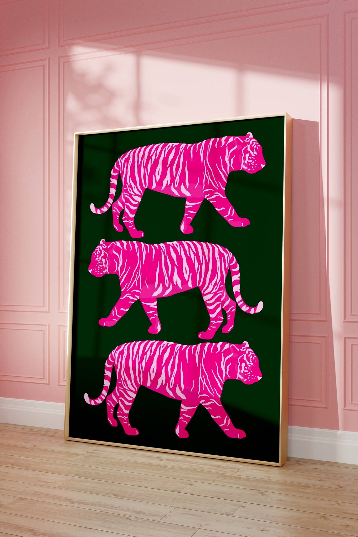 Pink Tigers Trio Dark Green Preppy Maximalist Animal Wall Poster