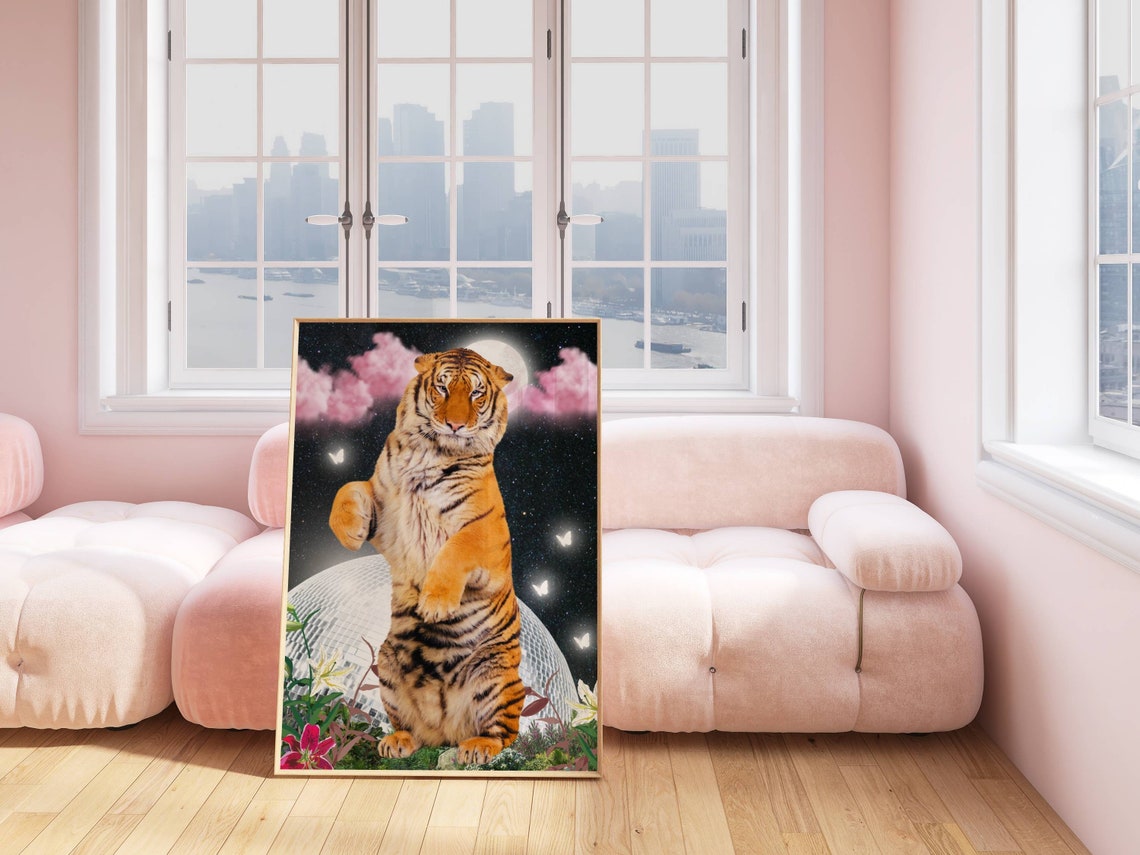 Disco Tiger Retro 70s Dancing Tiger Moonlight Floral Art Poster