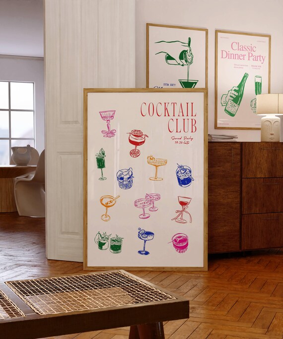 Cocktail Club Fun Vibrant Colorful Illustrated Drinks Bar Art Poster