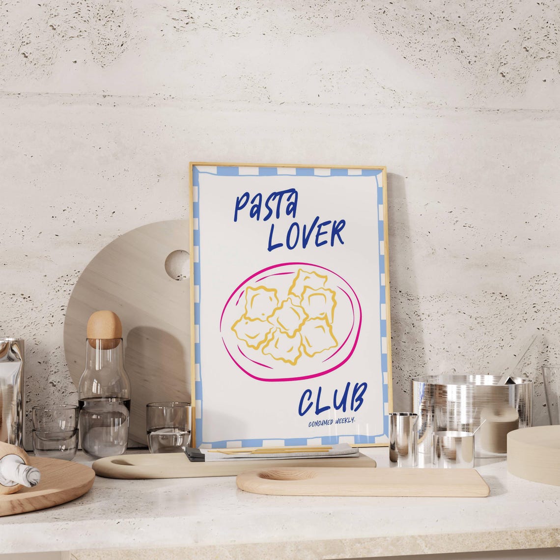 Pasta Lover Club Fun Ravioli Plate Checkered Border Kitchen Poster - Image 5