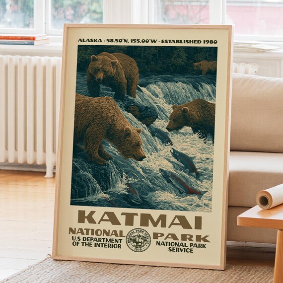 Katmai National Park Alaska Brown Bears Salmon Falls Art Poster