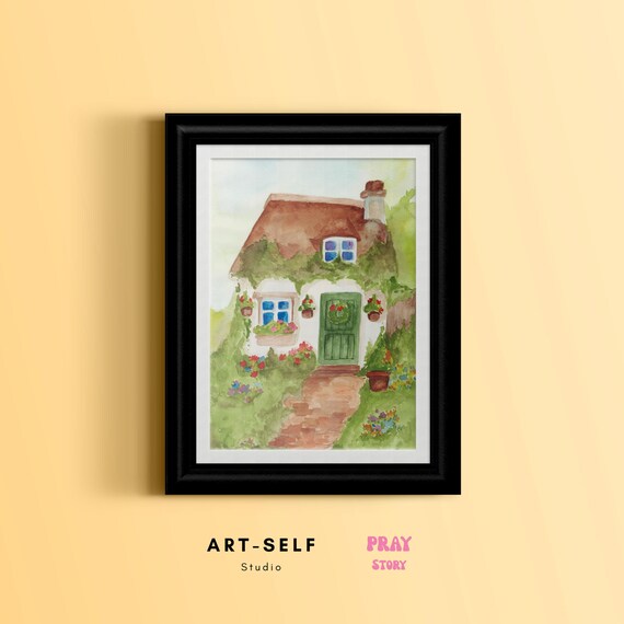 Charming Cottage Watercolor, Vintage Spring Decor