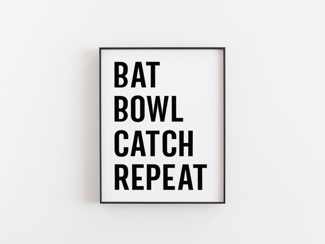 Bat Bowl Catch Repeat Cricket Poster, Sports Typography