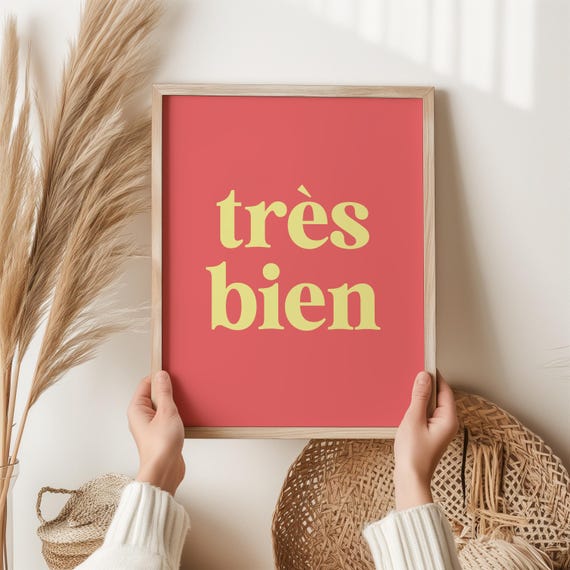 Tres Bien French Phrase Print Minimalist Typography Wall Art Red Yellow Poster Modern Decor Bold Text Gift
