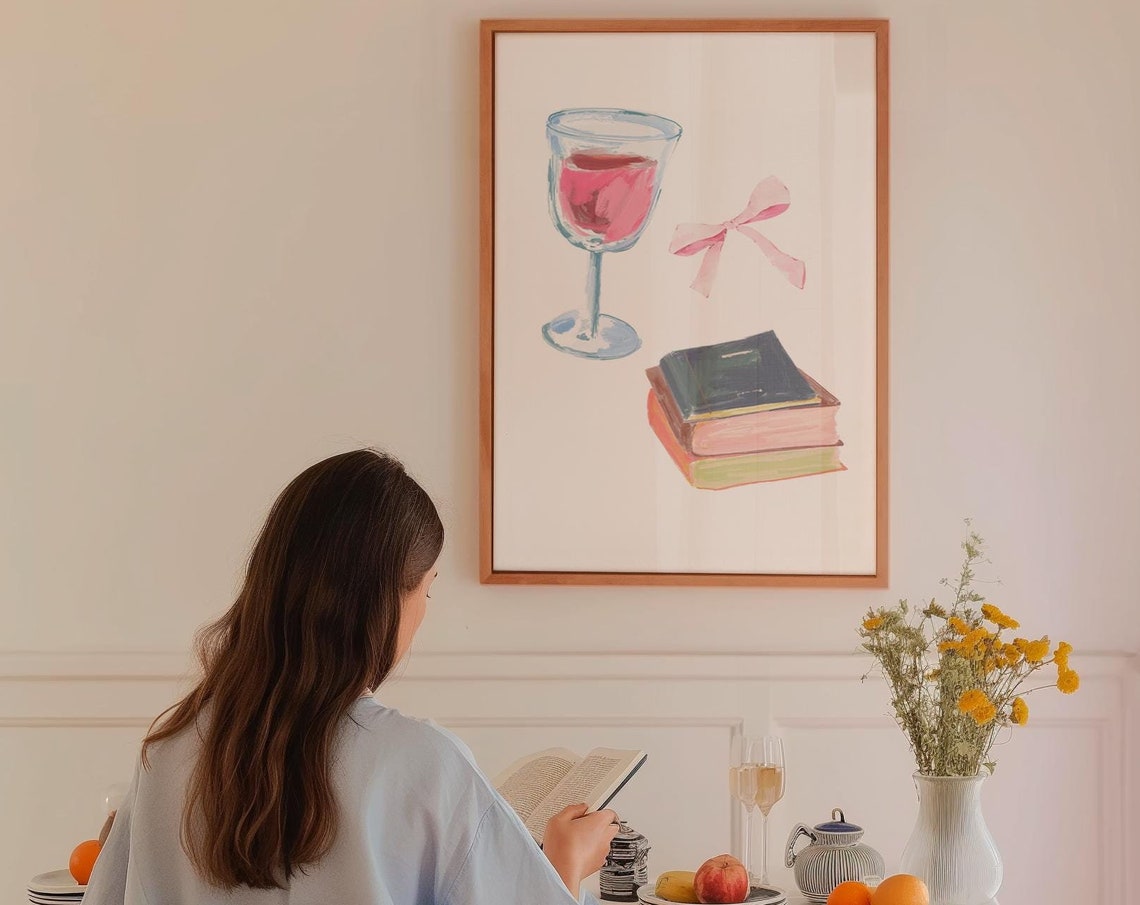 Book Club Wine Glass and Stacked Books Coquette Illustration Poster