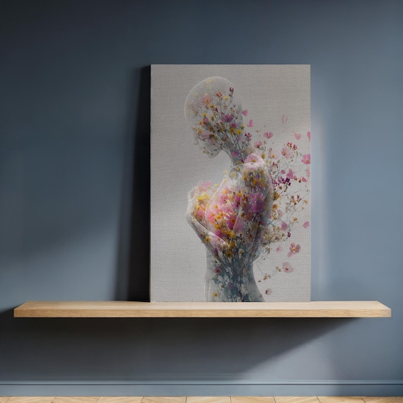 Framed Floral Human Silhouette Canvas Art Ethereal Woman Body Print Soft Botanical Figure Painting For Romantic Modern Wall Decor