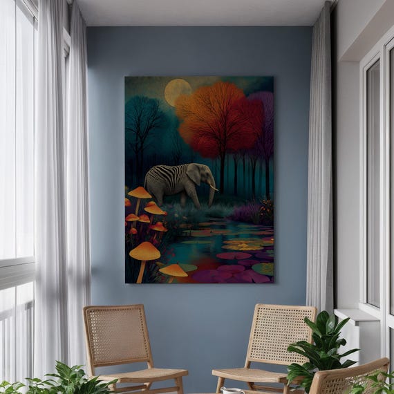 Surreal Elephant Canvas Wall Art Fantasy Forest Moon Scene With Mushrooms And Zebra Stripes Framed Whimsical Decor For Bold Interiors