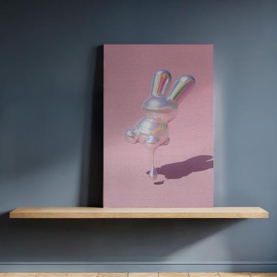 Holographic Bunny Canvas Wall Art Glossy Melting Rabbit On Pink Background Surreal Minimalist Painting Framed Gift For Modern Home Decor