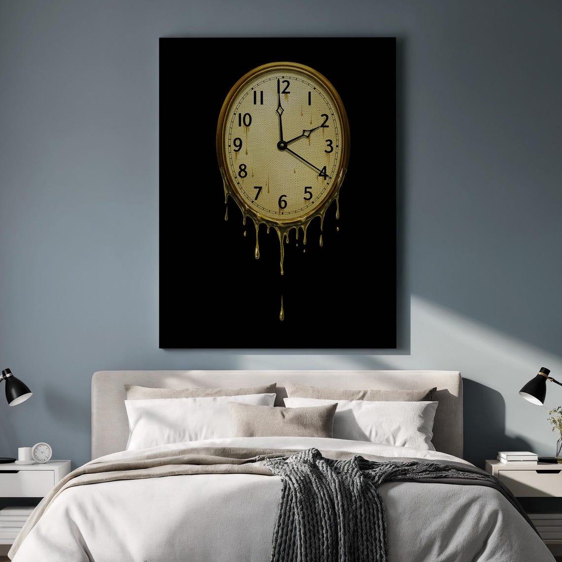 Melting Gold Clock Surreal Dripping Time Bold Black Art Poster